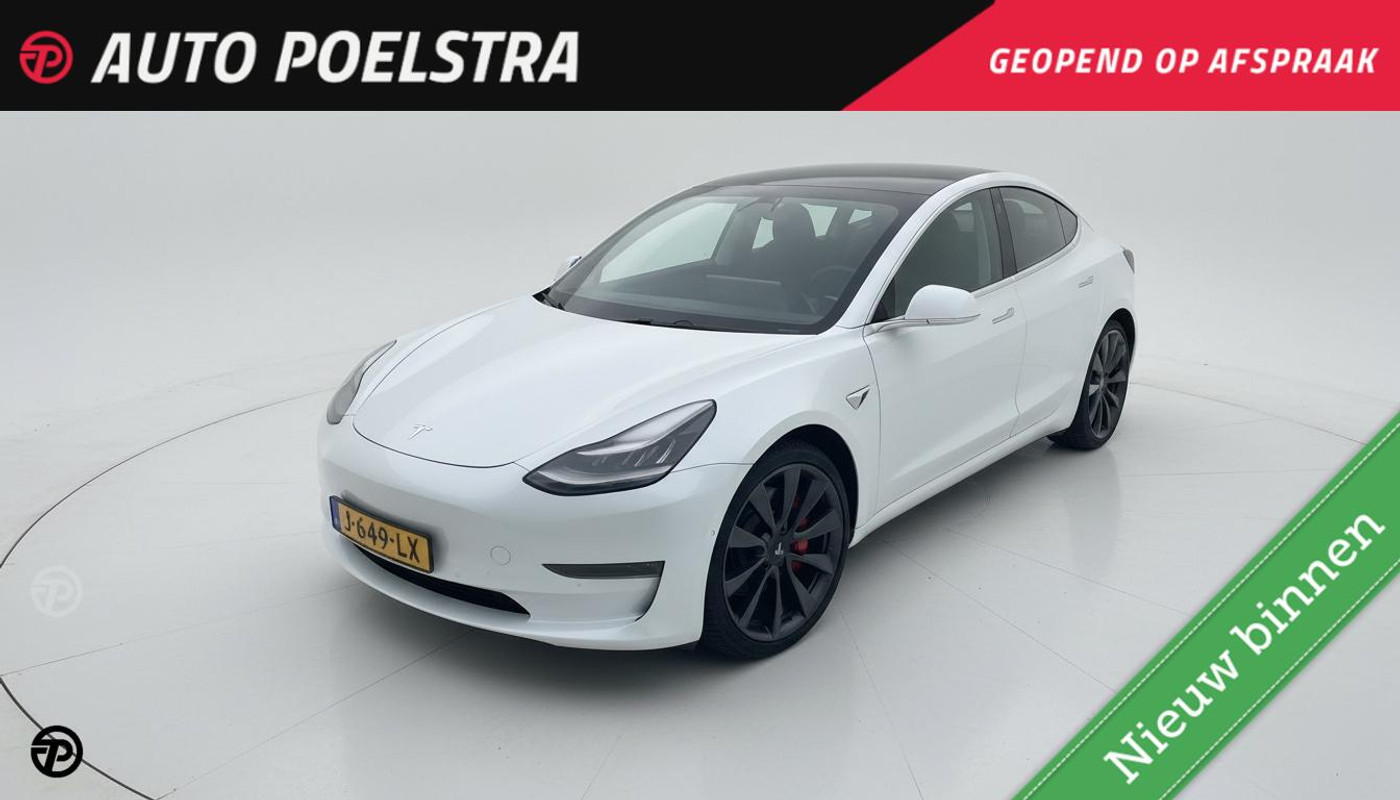 Tesla Model 3 Performance AWD 75 kWh 462 PK Panoramadak 20" Zwart leder SOH 88% 2020 - voorkant