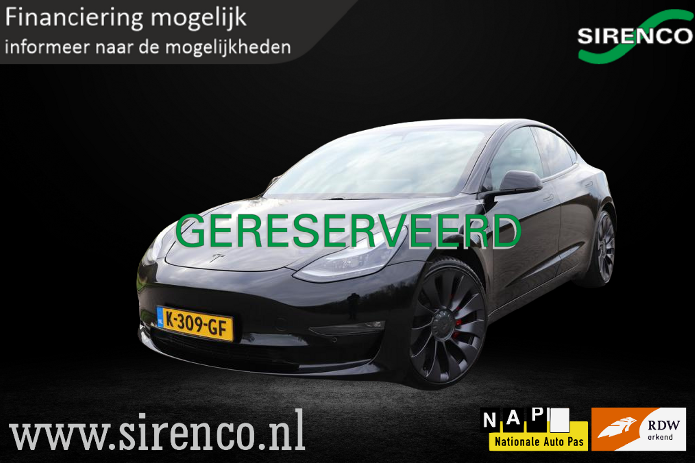 Tesla Model 3 Performance AWD 75 kWh | facelift | warmtepomp | 462 pk | soh 90% | black on black | elektrische achterklep | 2020 - voorkant