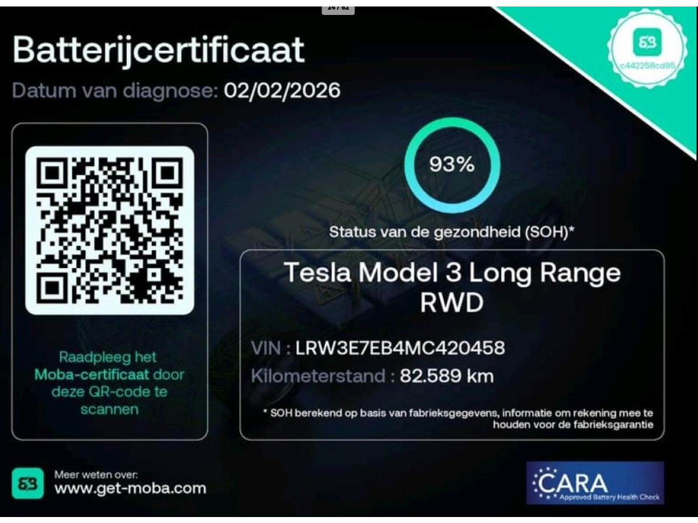 Tesla Model 3 Long Range AWD 75 kWh 93% SOH LFP 2021 - voorkant