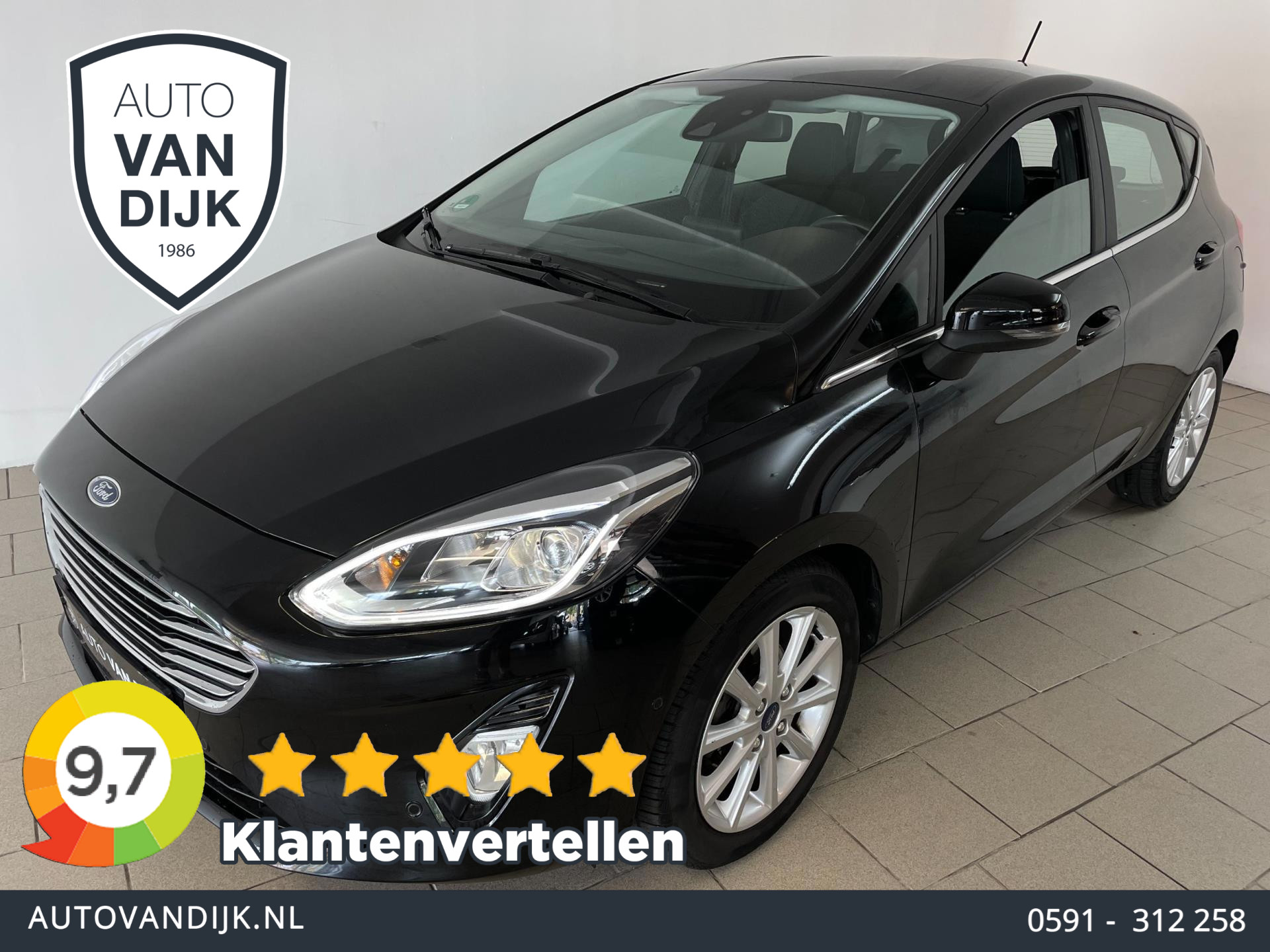 Ford Fiesta 1.0 EcoBoost Titanium AIRCO CLIMA NAVI CRUISE APP CONNECT KEYLESS CHROOM ACCENTEN PDC VELGEN ZEER NETTE AUTO 2019 - voorkant