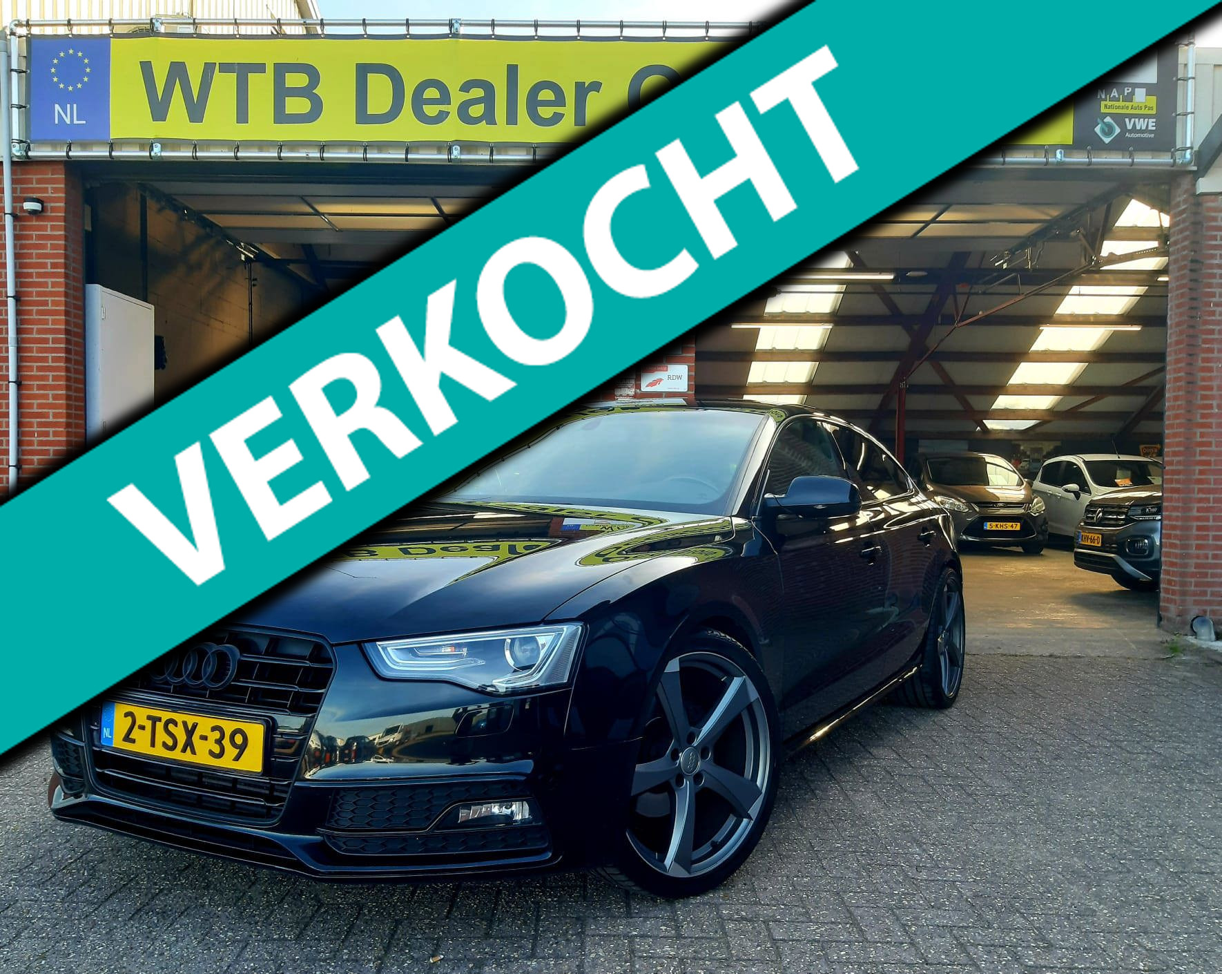 Audi A5 Sportback 1.8 TFSI SportEdition, S-Line, Black-Black, Dealer o.h., 2e.Eig, Audi Sport velgen (275-30/R20) 2014 - voorkant