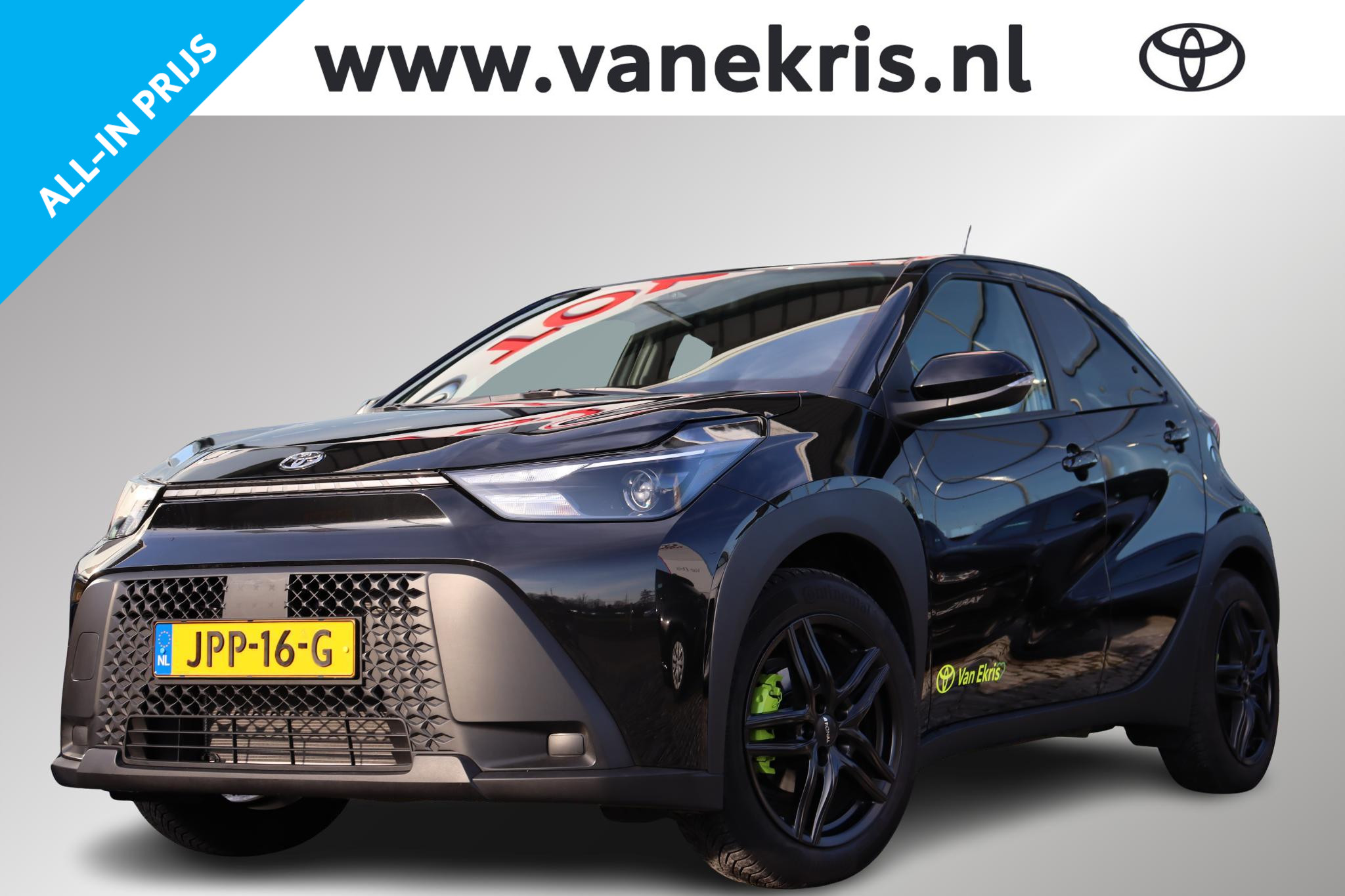 Toyota Aygo X Hybrid 115 play Green, Lm velgen, Getinte ramen, 2025 - voorkant